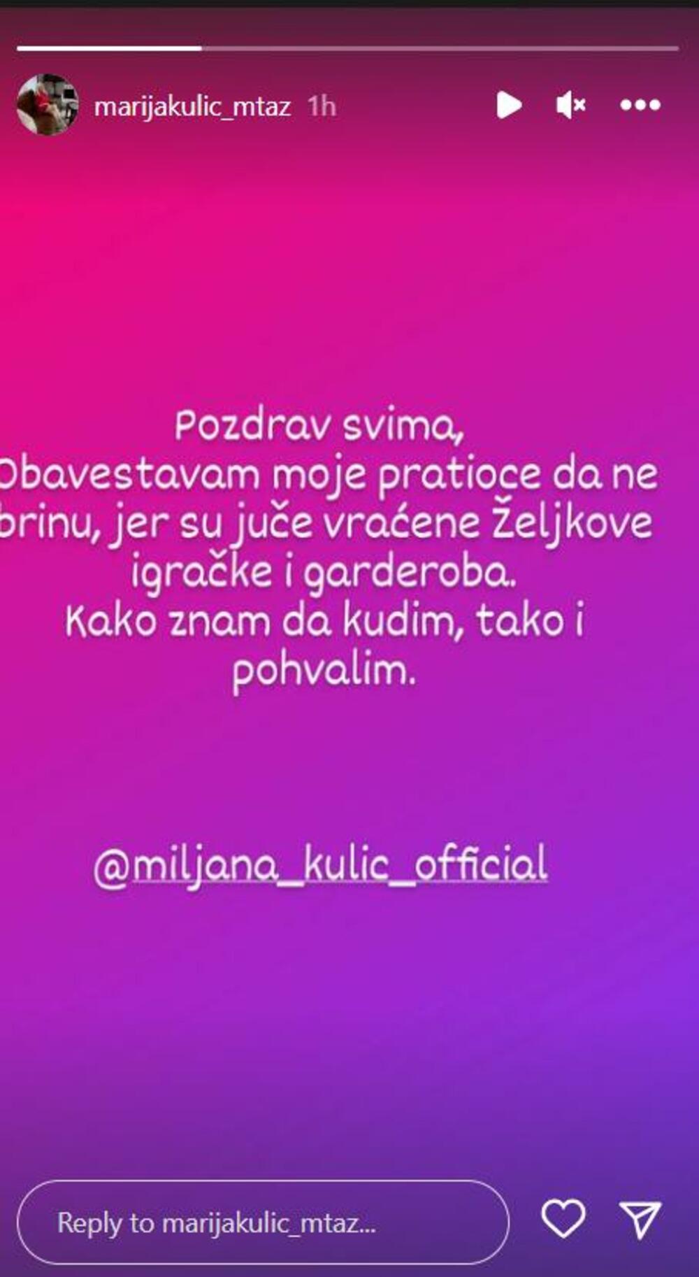 Kako je Marija tada navela, problem se ticao malog Željka Kulića, tačnije da produkcija u tom trenutku nikje htela da vrati njegove igračke i stvari.