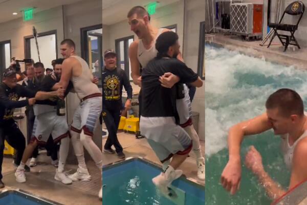 LUDNICA U SVLAČIONICI DENVERA: Jokić i Marej se rvali pa upali u bazen, "nastradao"i ŠAMPANJAC! (VIDEO)