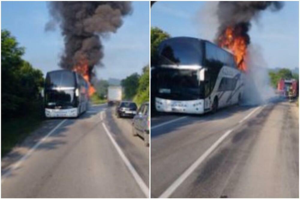 PRVE SLIKE LASTINOG AUTOBUSA NA SPRAT KOJI JE PLANUO U GROCKOJ: Putnici odmah evakuisani (FOTO)
