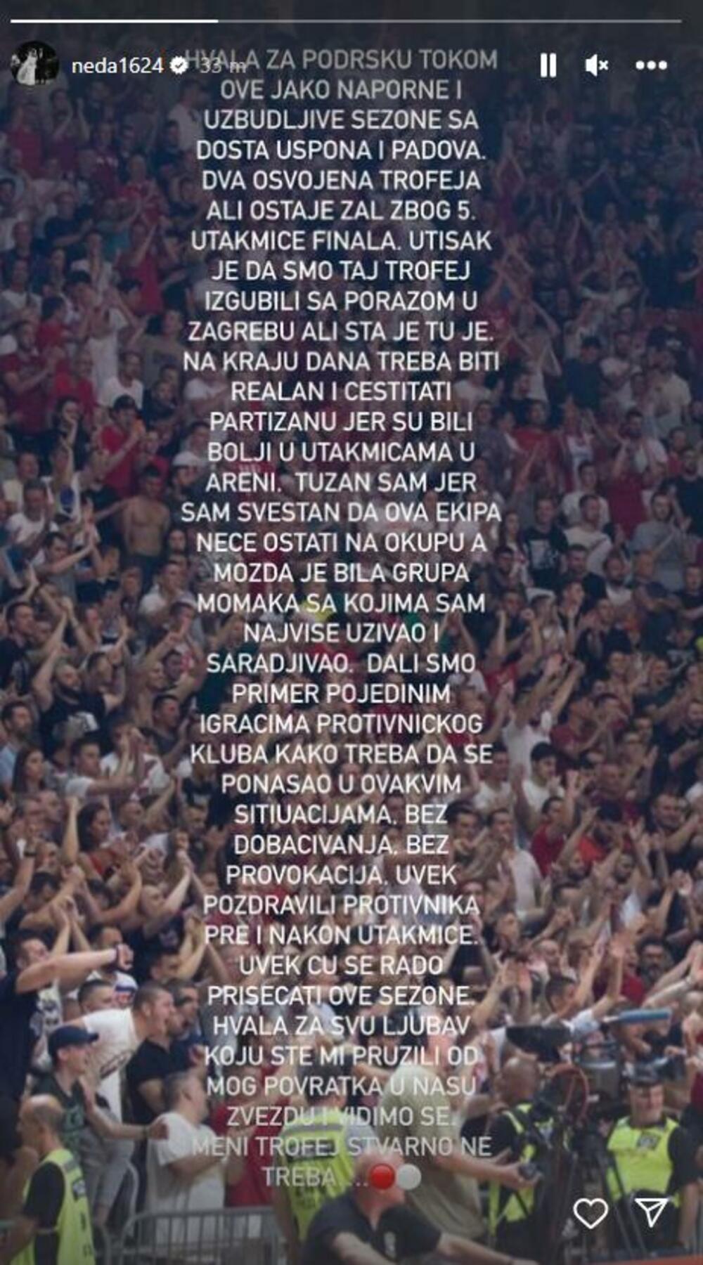 Objava Nemanje Nedovića na Instagramu