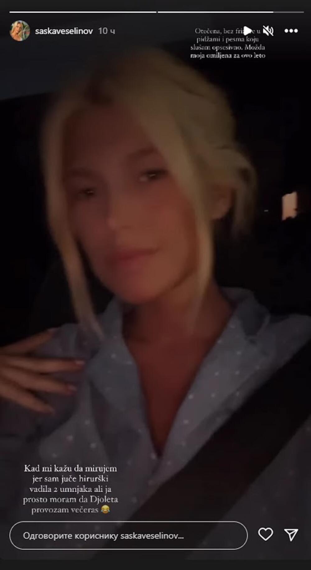 Naime, kako je navela na Instagramu, ona je pre dva dana vadila umnjake, pa je otečena, a to je nije sprečilo da se usnimi u automobilu