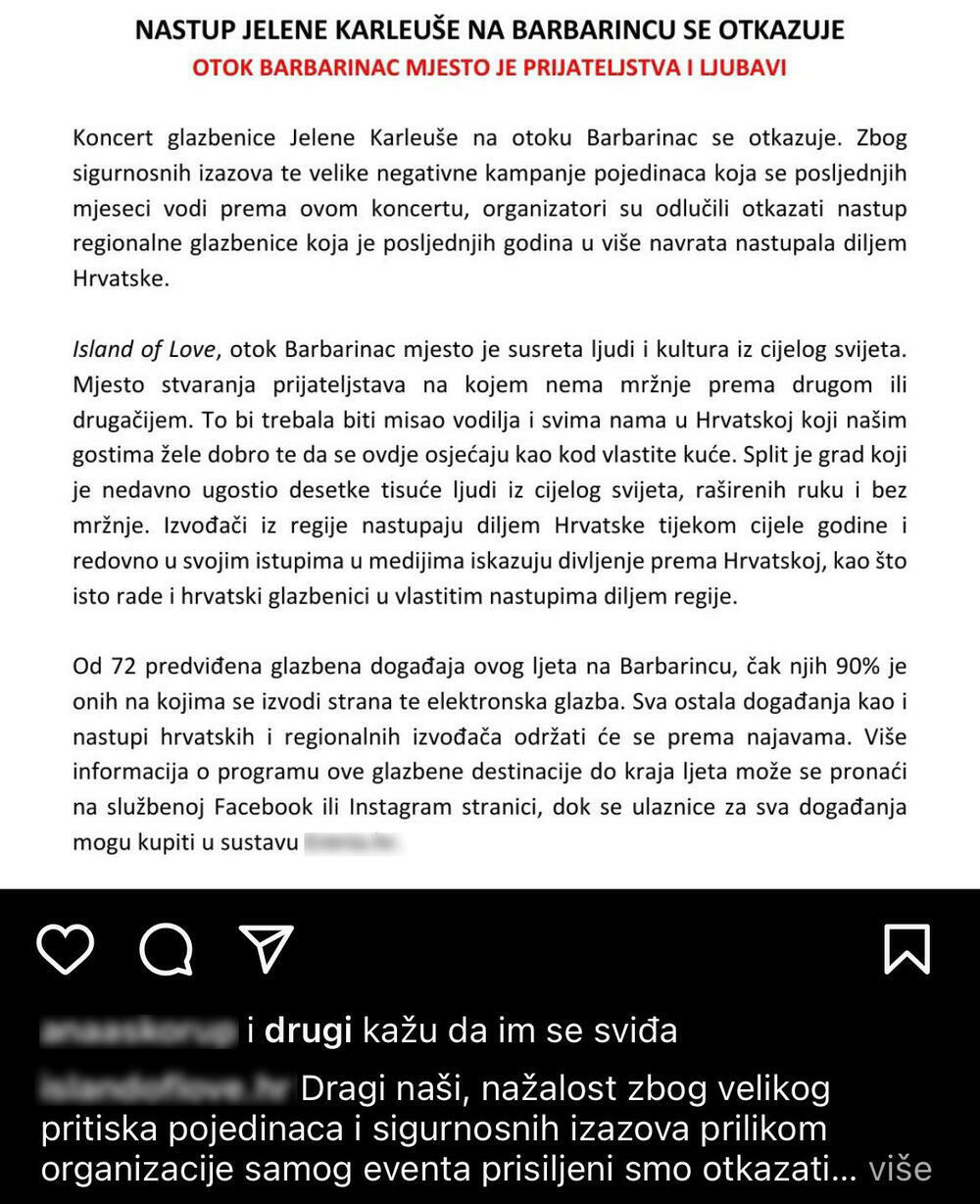 Organizatori festivala 'Island of love' o zabrani pevanja Jeleni Karleuši