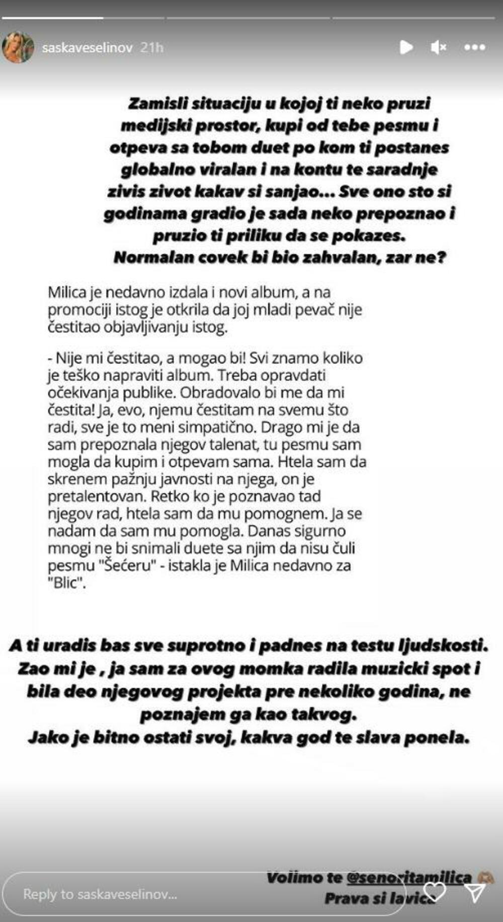 Saška je pružila podršku Milici Pavlović