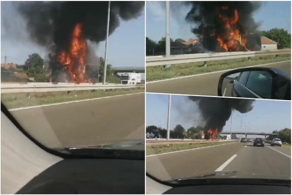 STRAVIČAN POŽAR NA AUTO-PUTU KOD VELIKE PLANE: Izgoreo CEO KAMION, vatra ga skroz progutala (VIDEO)
