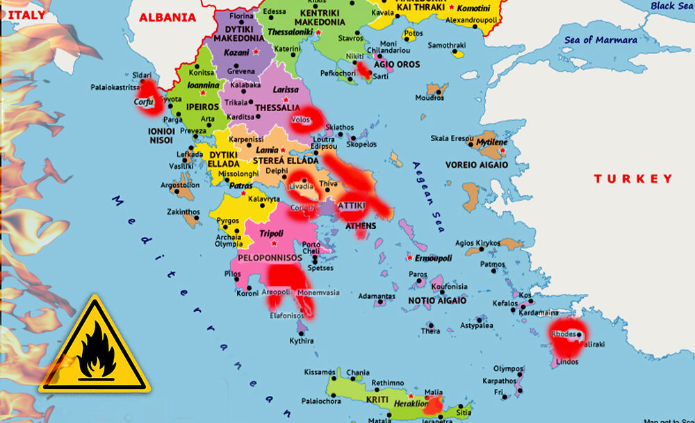 Mapa požara u Grčkoj (bez Parnite, Kavale i Aleksandrupolisa) *područja zahvaćena požarom obeležena su crvenom bojom