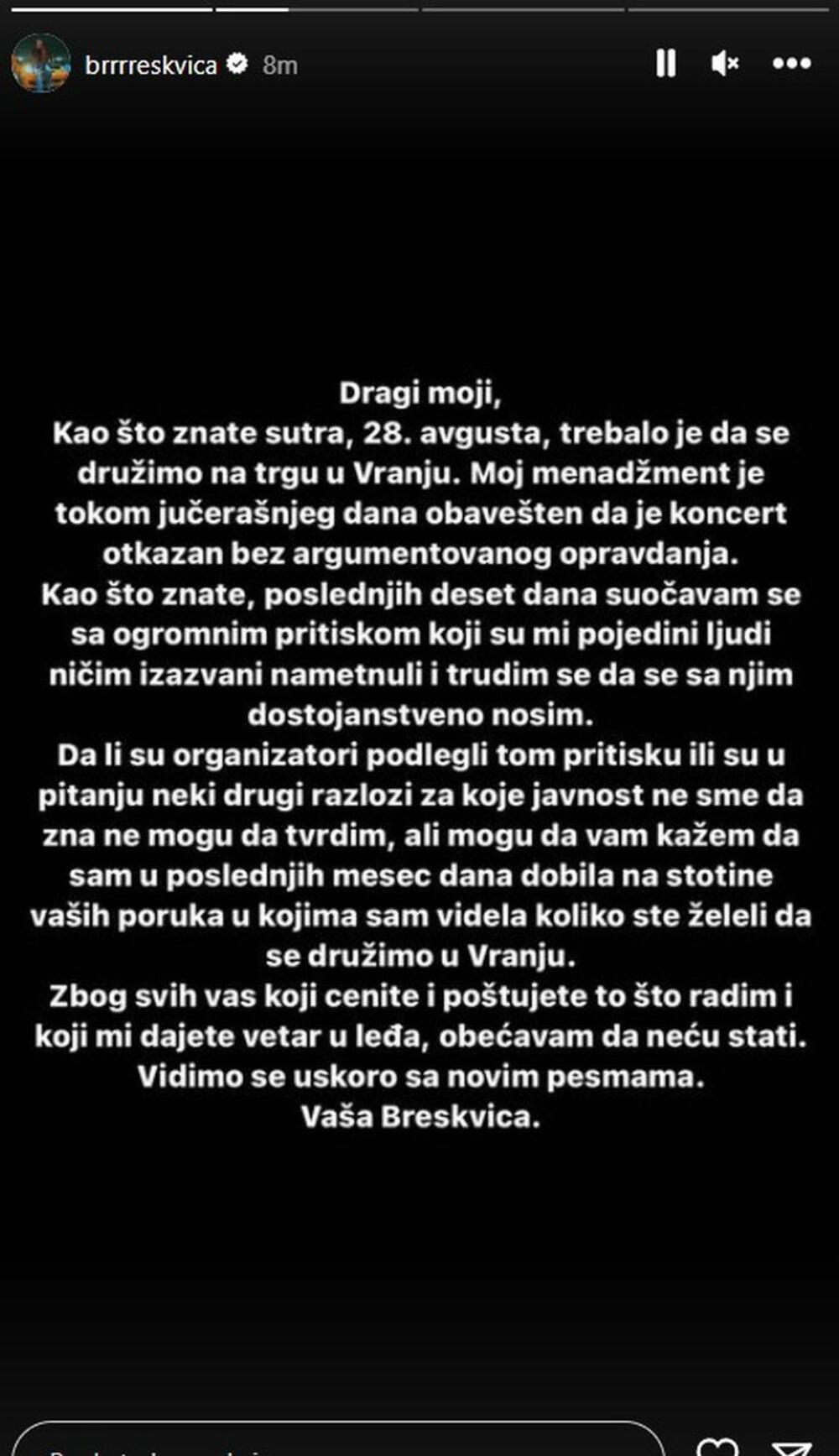 Objava malde pevačice povodom otkazivanja koncerta u Vranju