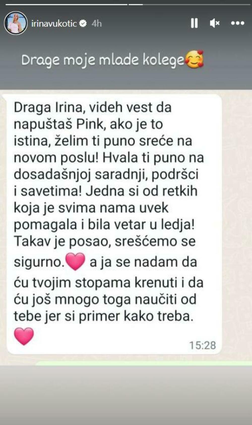 Irina Vukotić na televiziji Pink dala je otkaz i od septembra će biti na malim ekranima televizije Prva, a njeno mesto zameniće kolega, Srđan Predojević.