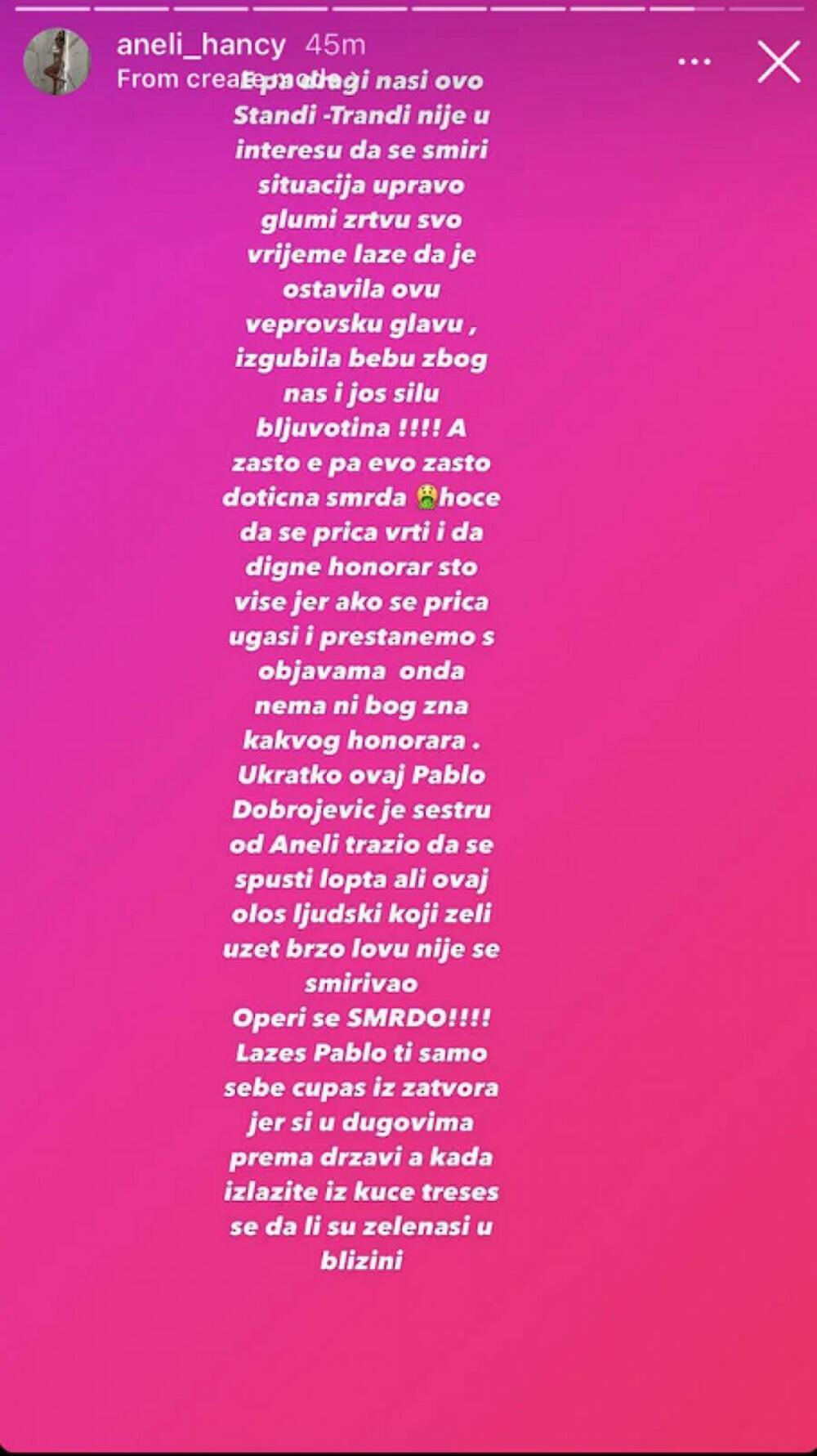 Objava koja je osvanula na profilu Aneli Ahmić