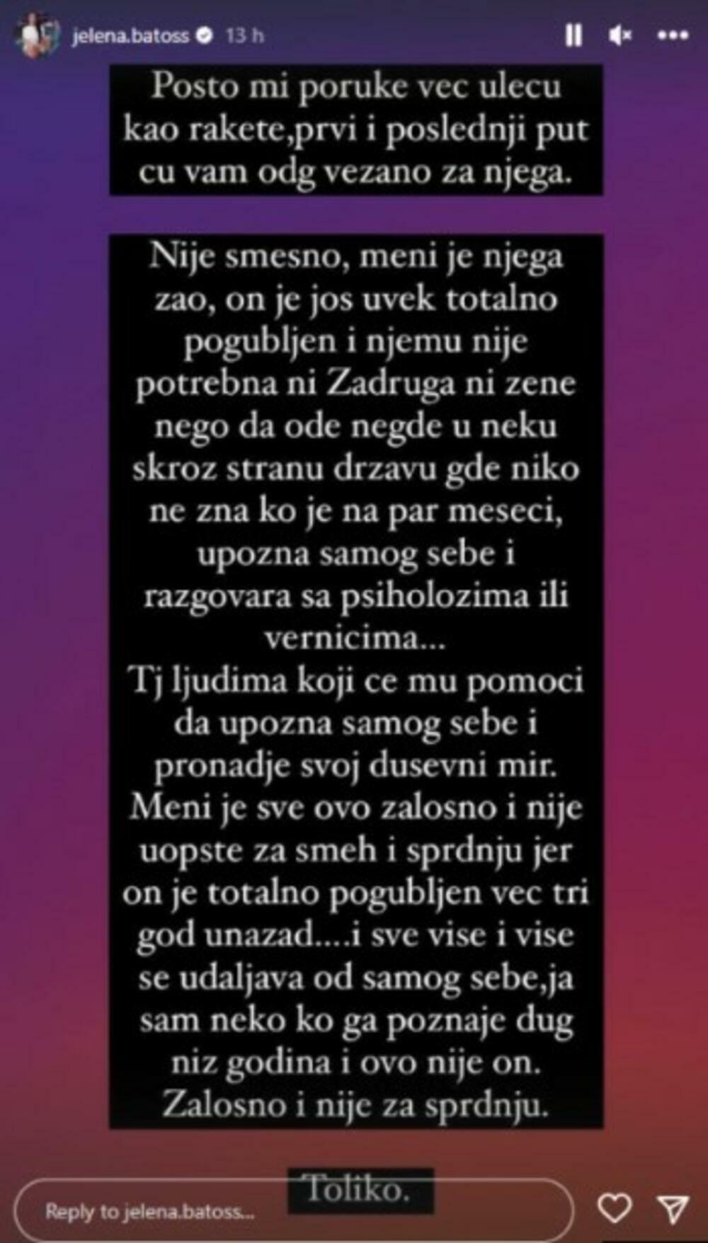 Objava Jelene Batos o Nenadu Aleksiću Ša