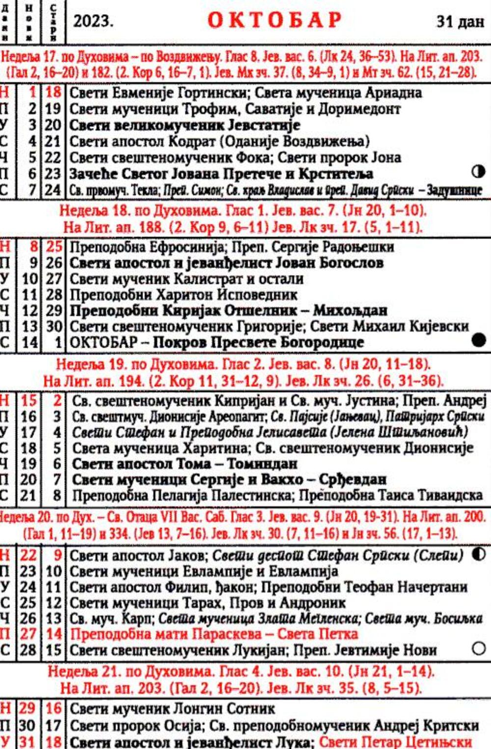 Pravoslavni kalendar oktobar 2023.