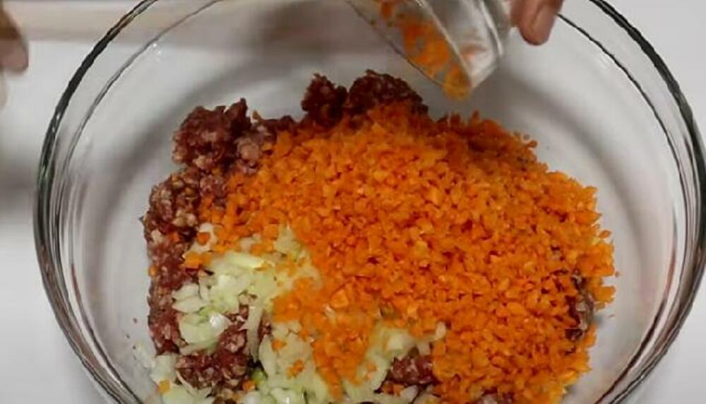 Mleveno meso, šargarepa i crni luk u činiji