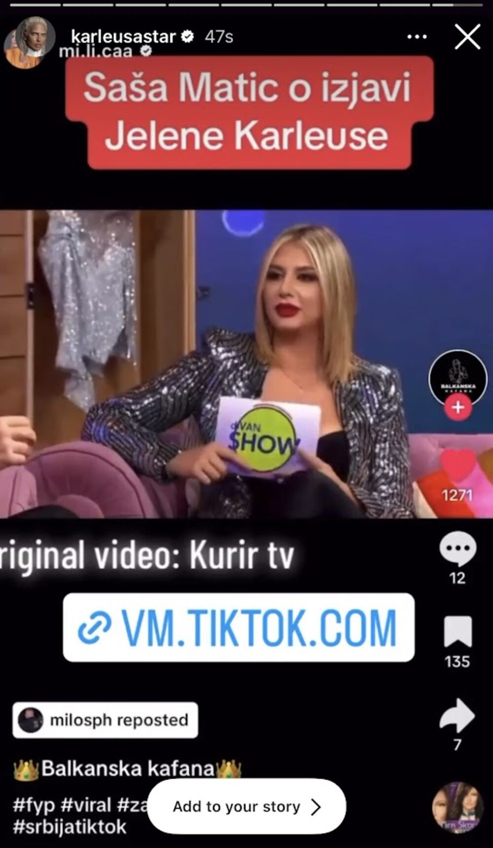Jelena Karleuša je na svom storiju podelila deo emisije 'Divan šou' u kojem je gostovao Saša Matić