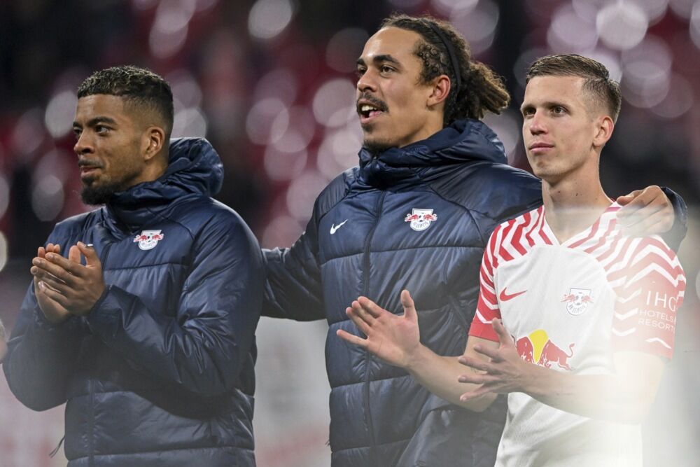 Benjamin Henriks, Jusuf Poulsen i Dani Olmo posle utakmice Lajpciga i Crvene zvezde