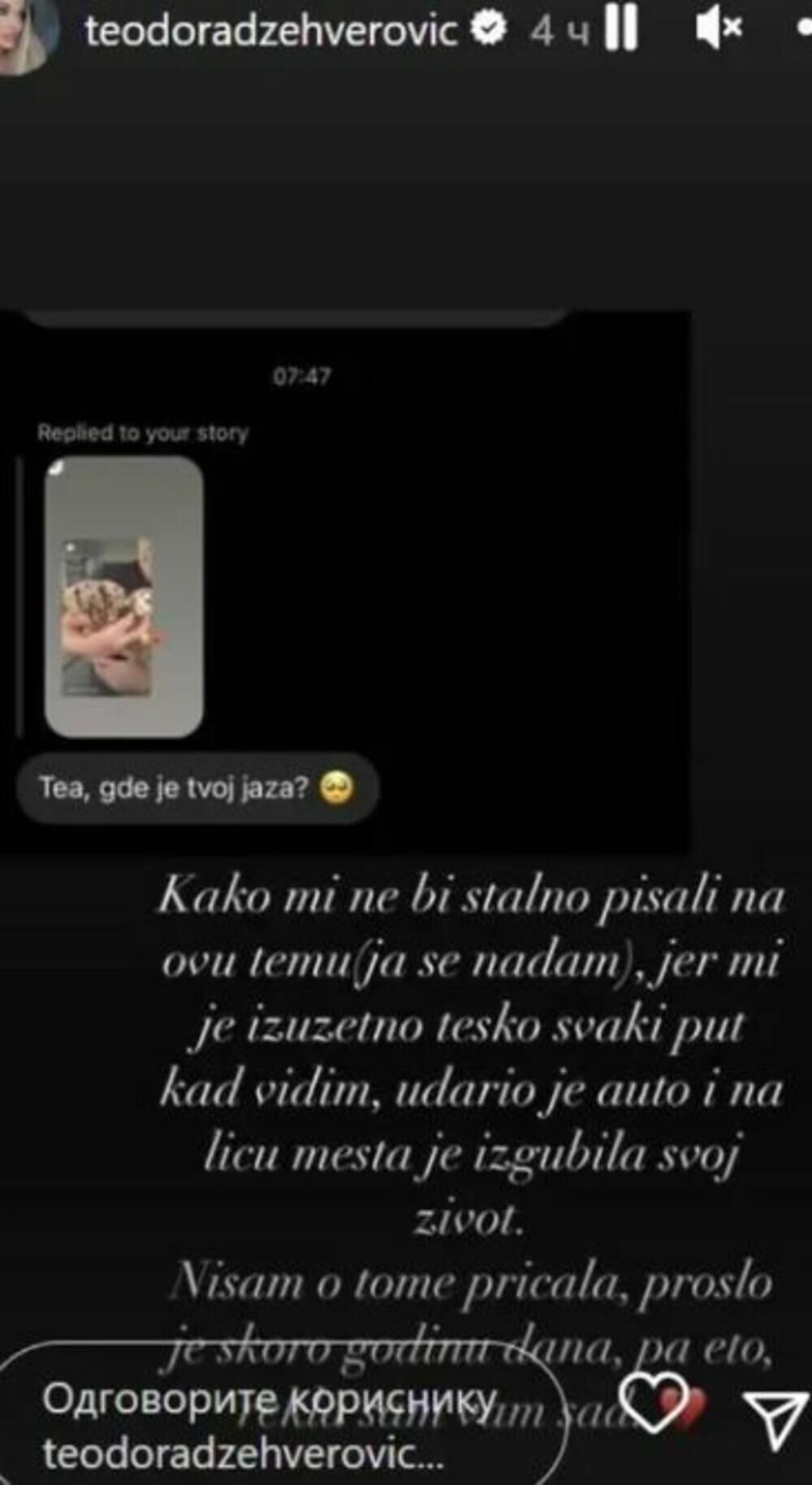 Teodora saopštila da joj je pre godinu dana uginuo pas