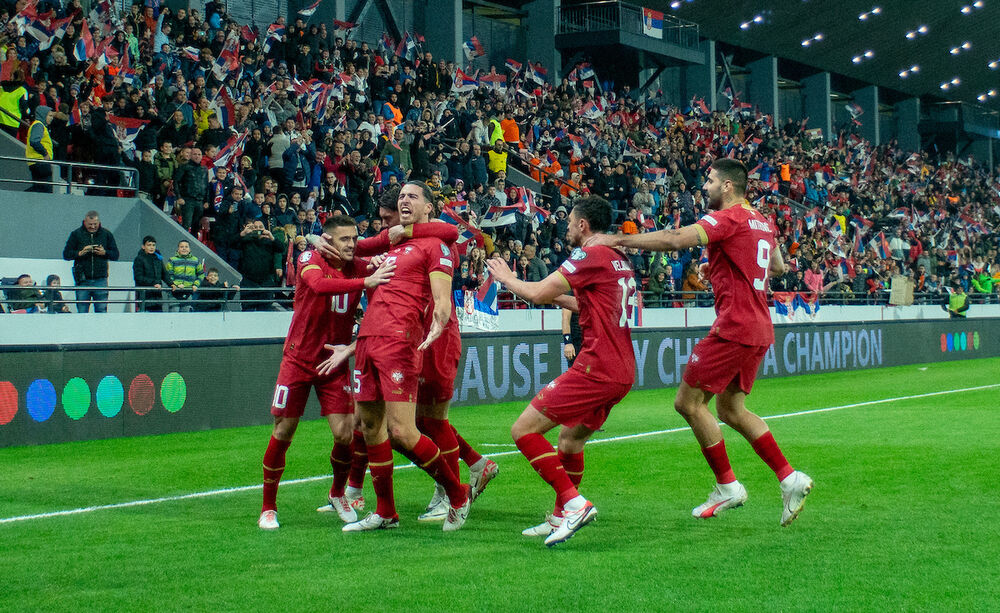Slavlje fudbalera Srbije posle gola za 2:2 protiv Bugarske
