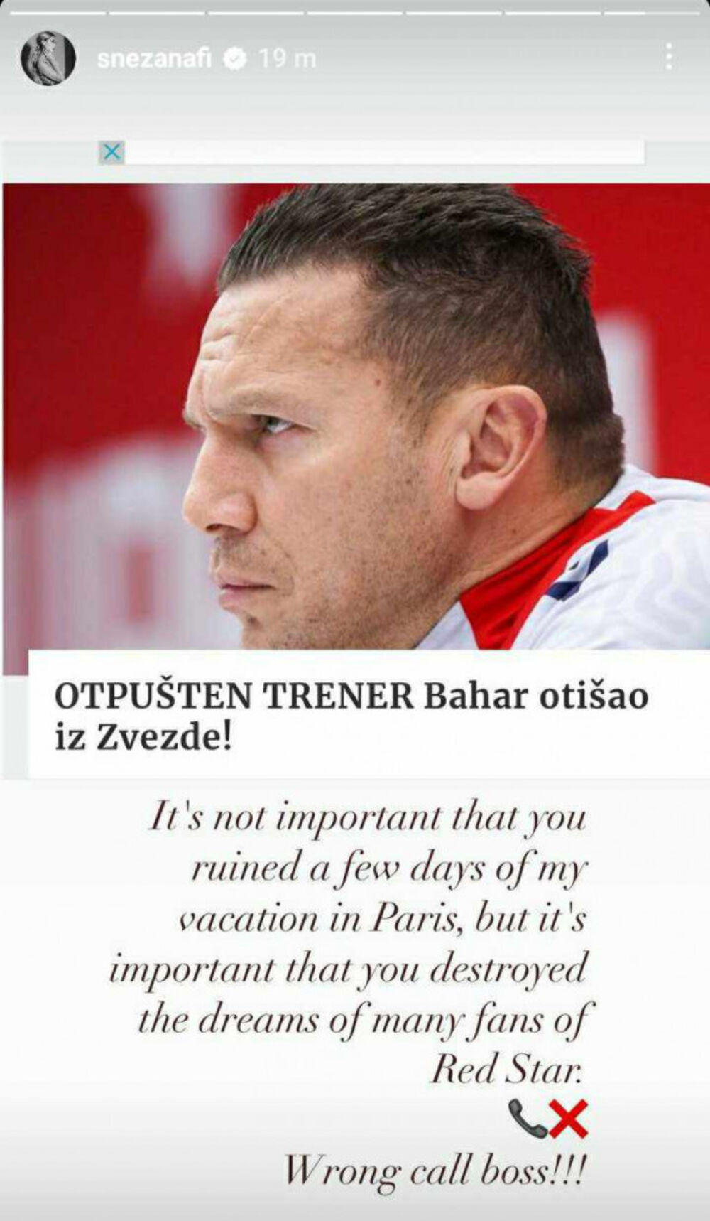 Objava Snežane Borjan na Instagramu