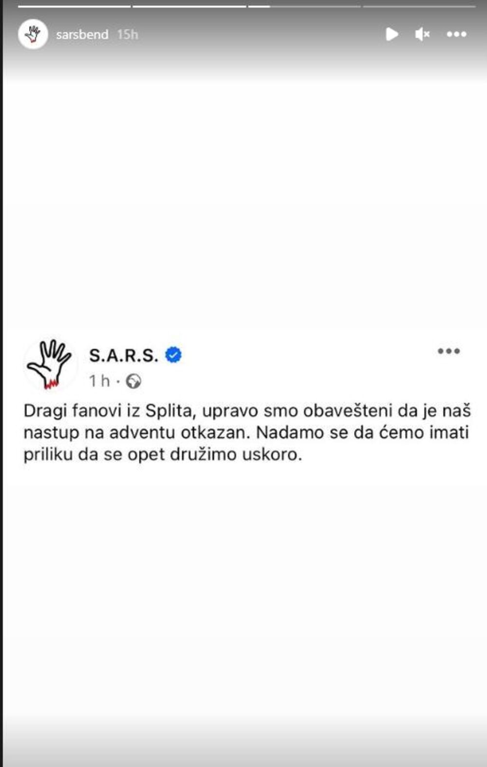 Srpskoj muzičkoj grupi S.A.R.S. otkazan je nastup u Splitu na Adventu i to iznenada