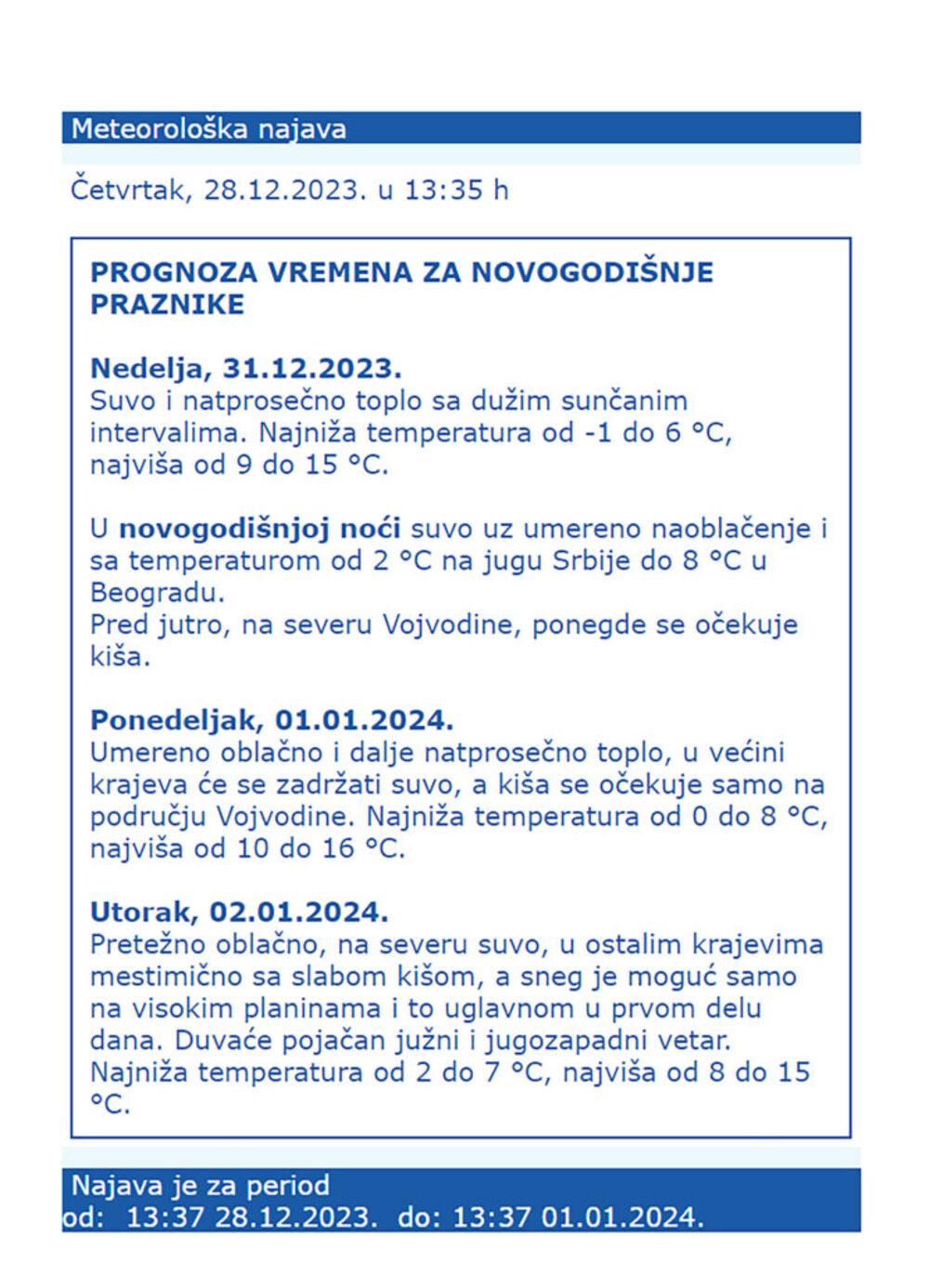 Prognoza za novogodišnje praznike