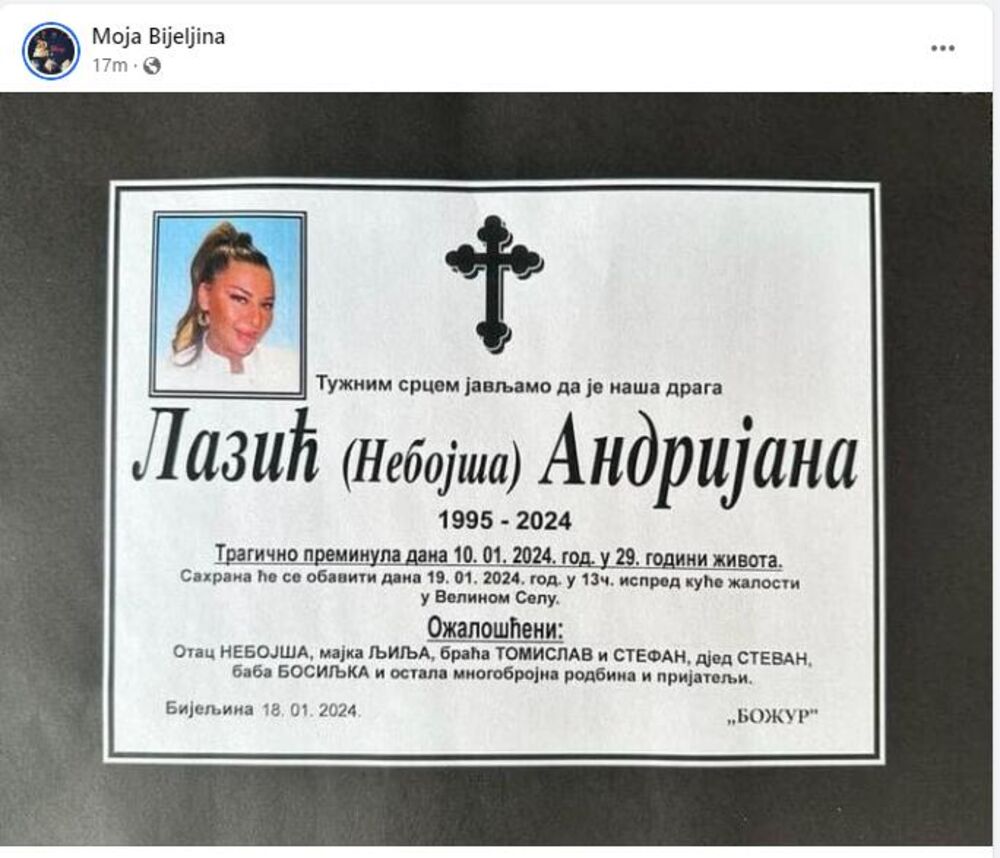 Datum i vreme sahrane Andrijane Lazić