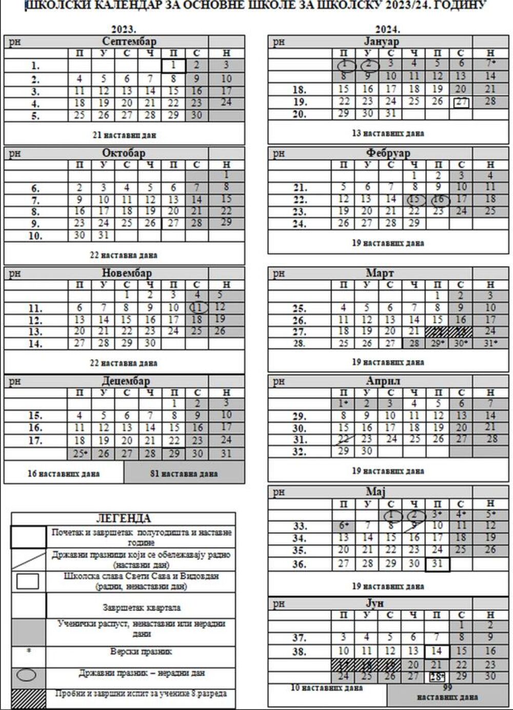Kalendar školske godine