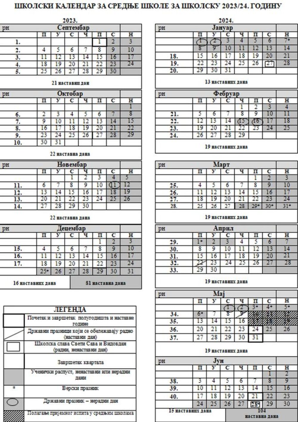 Kalendar školske godine