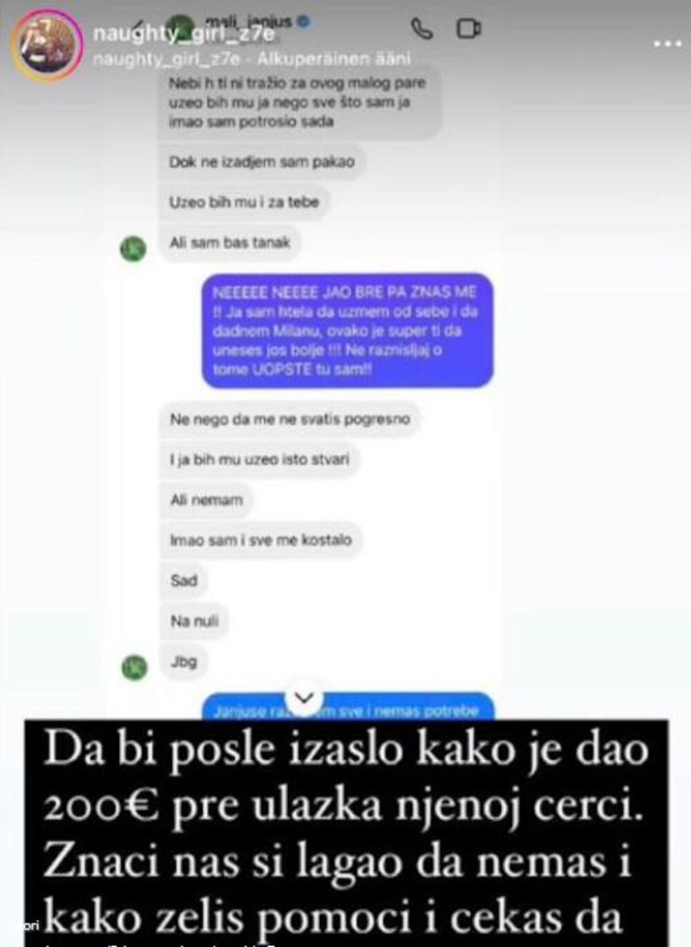 Objava koja dokazuje da je Janjuš uzeo pare da kupi Urošu stvari