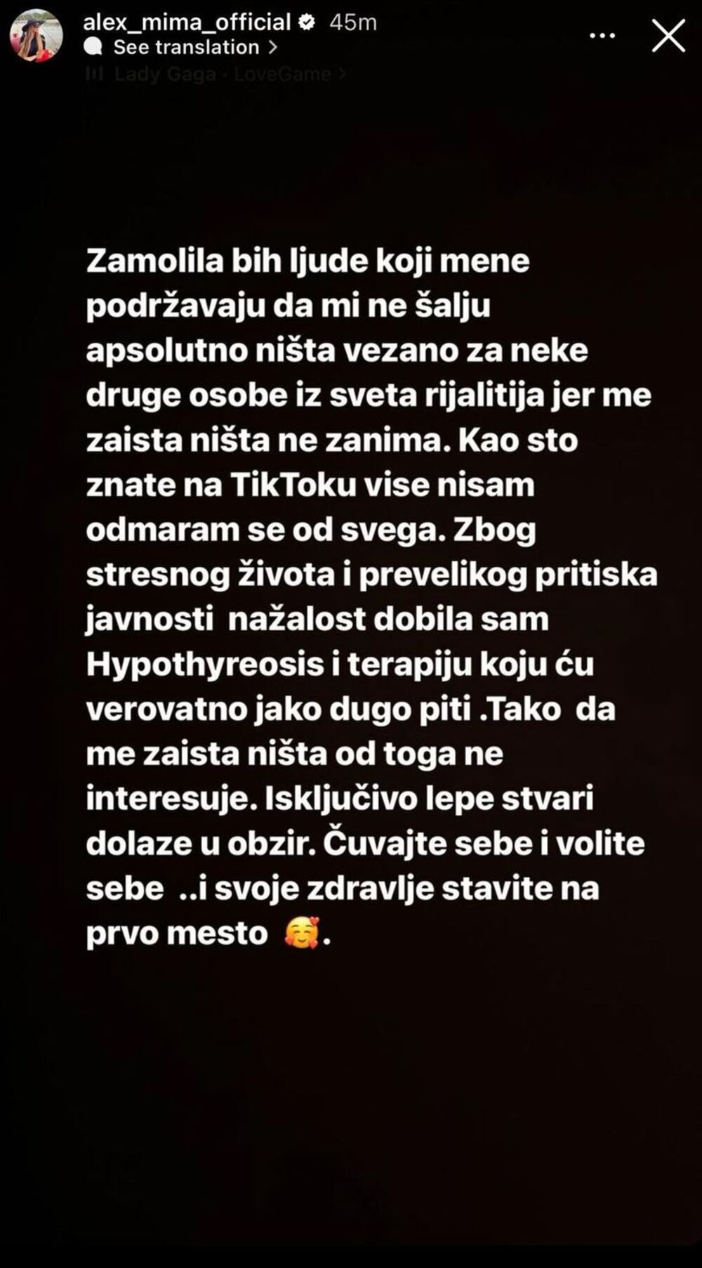 Zdravstevni problem Aleksandre Nikolić