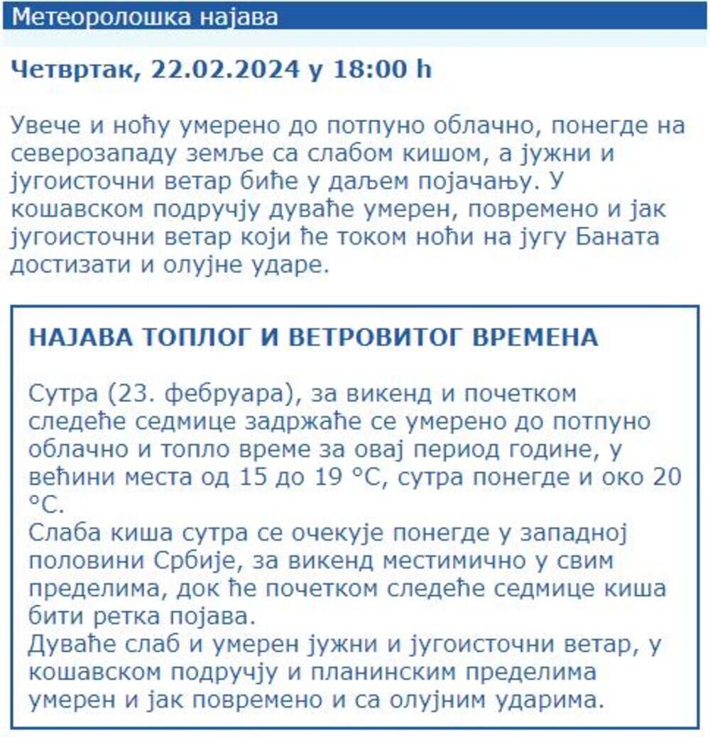 Meteorološka najava RHMZ