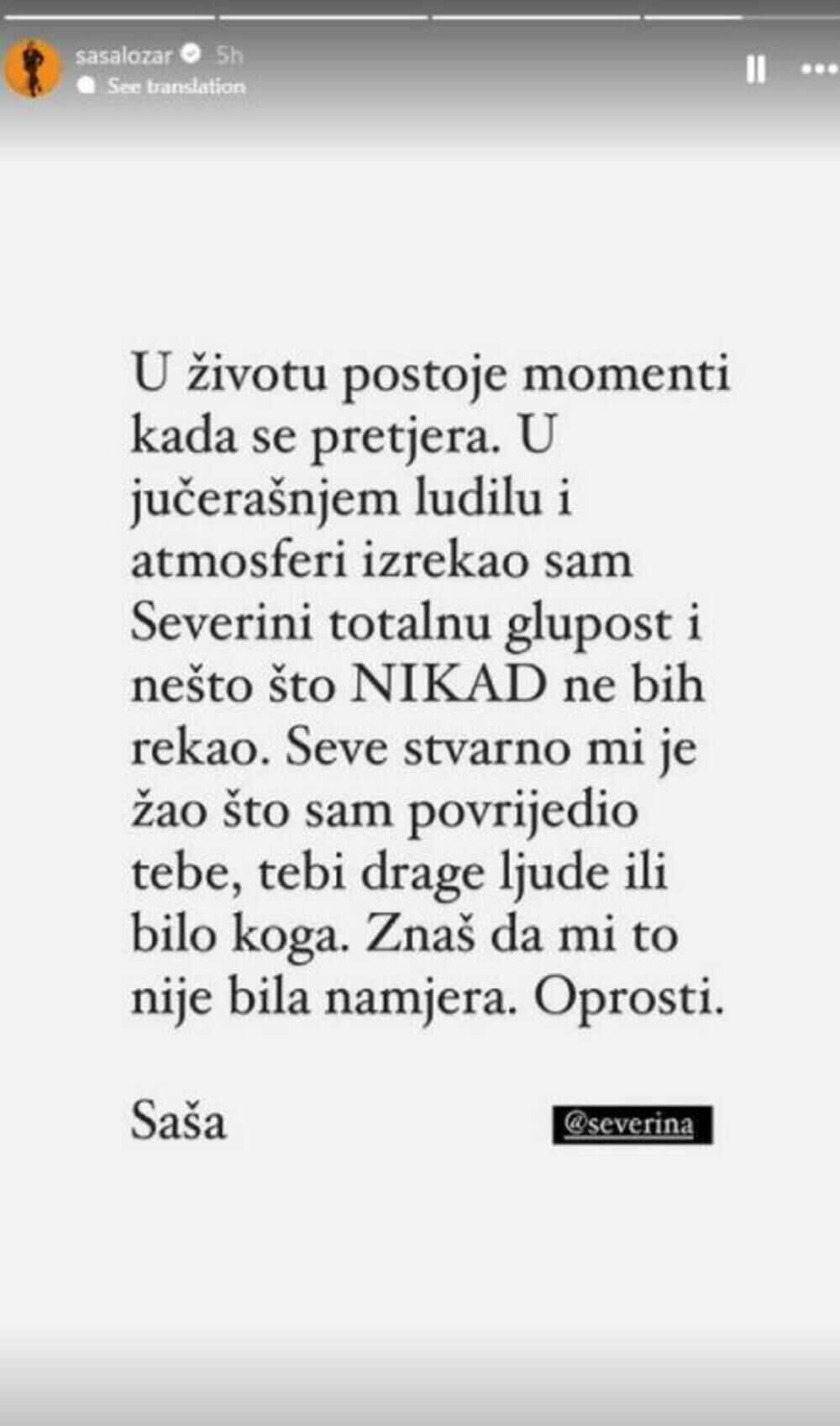 Pevač Saša Lozar se javno izvinio Severini