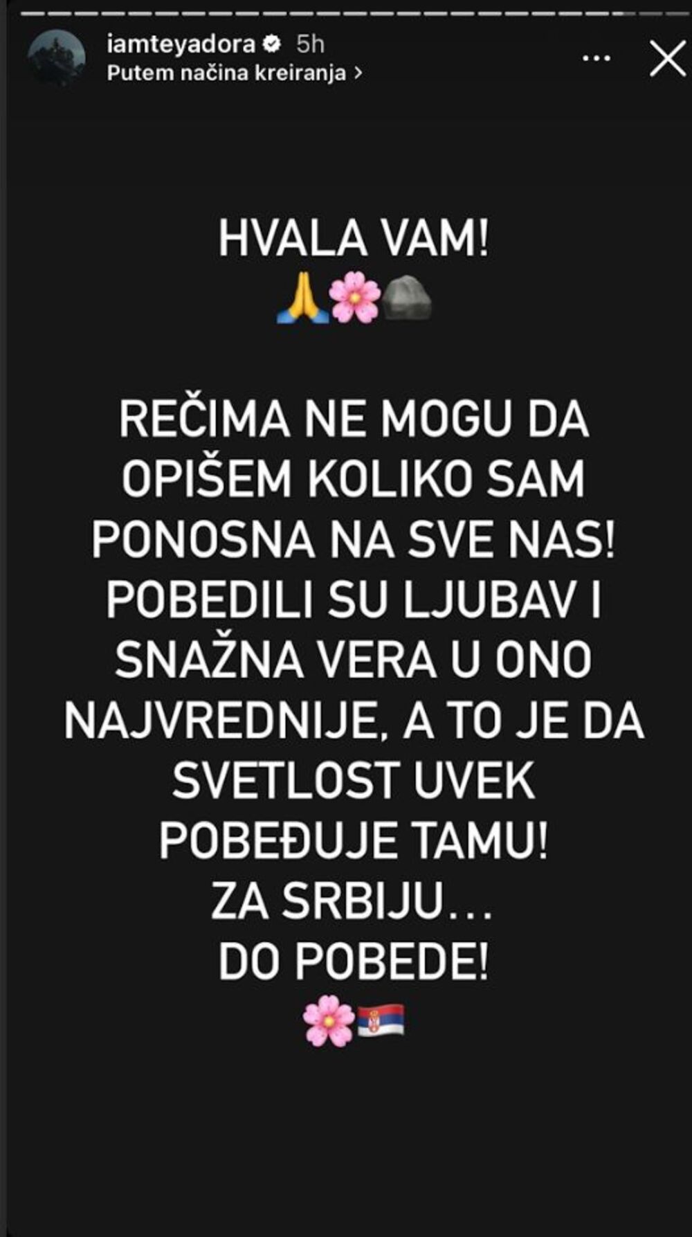 Objava Teya Dore nakon pobede u PZE