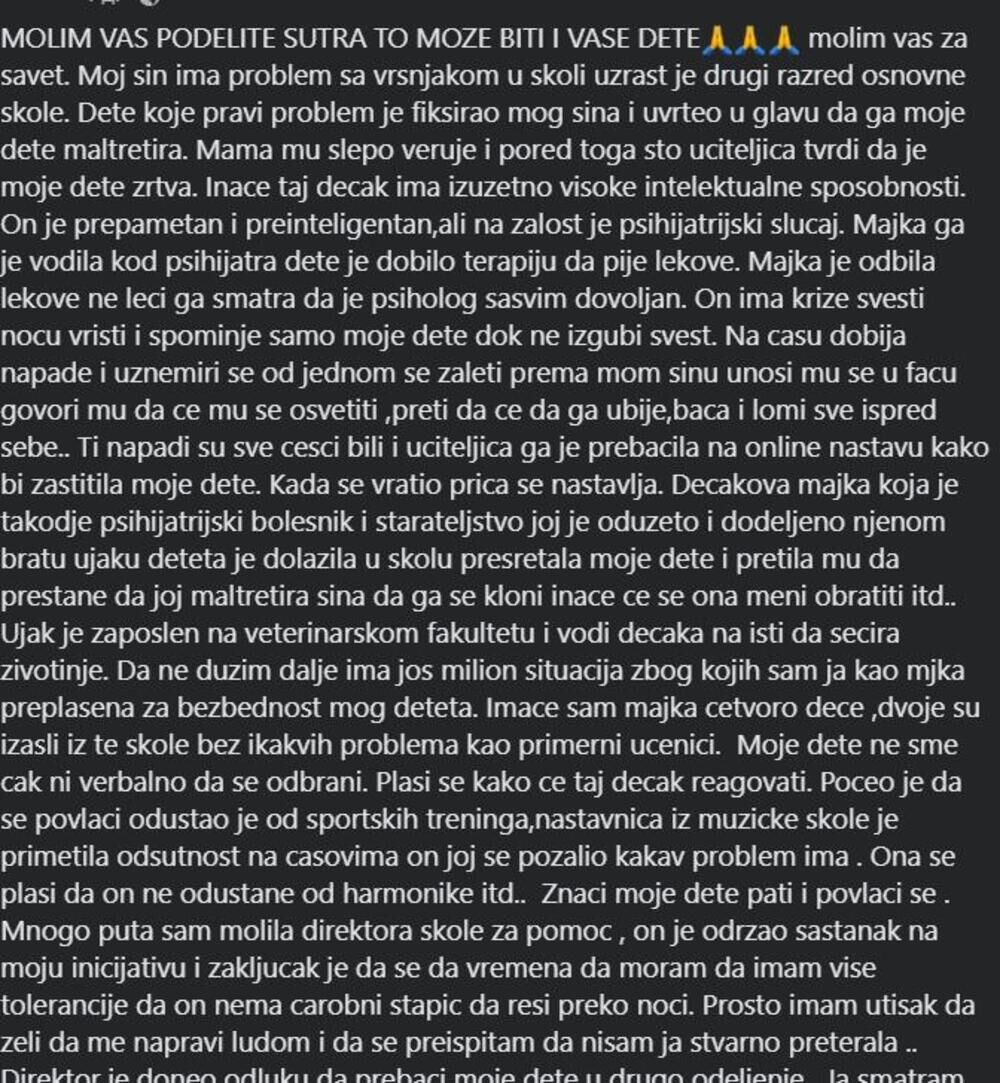 Majka se javno požalila na vršnjačko nasilje