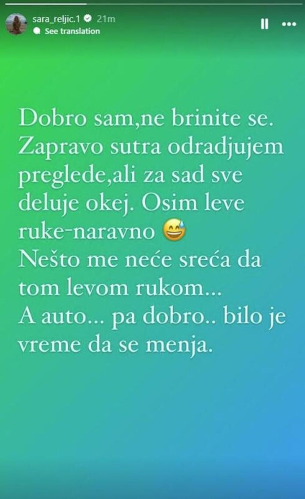 Sara se oglasila posle saobraćajke