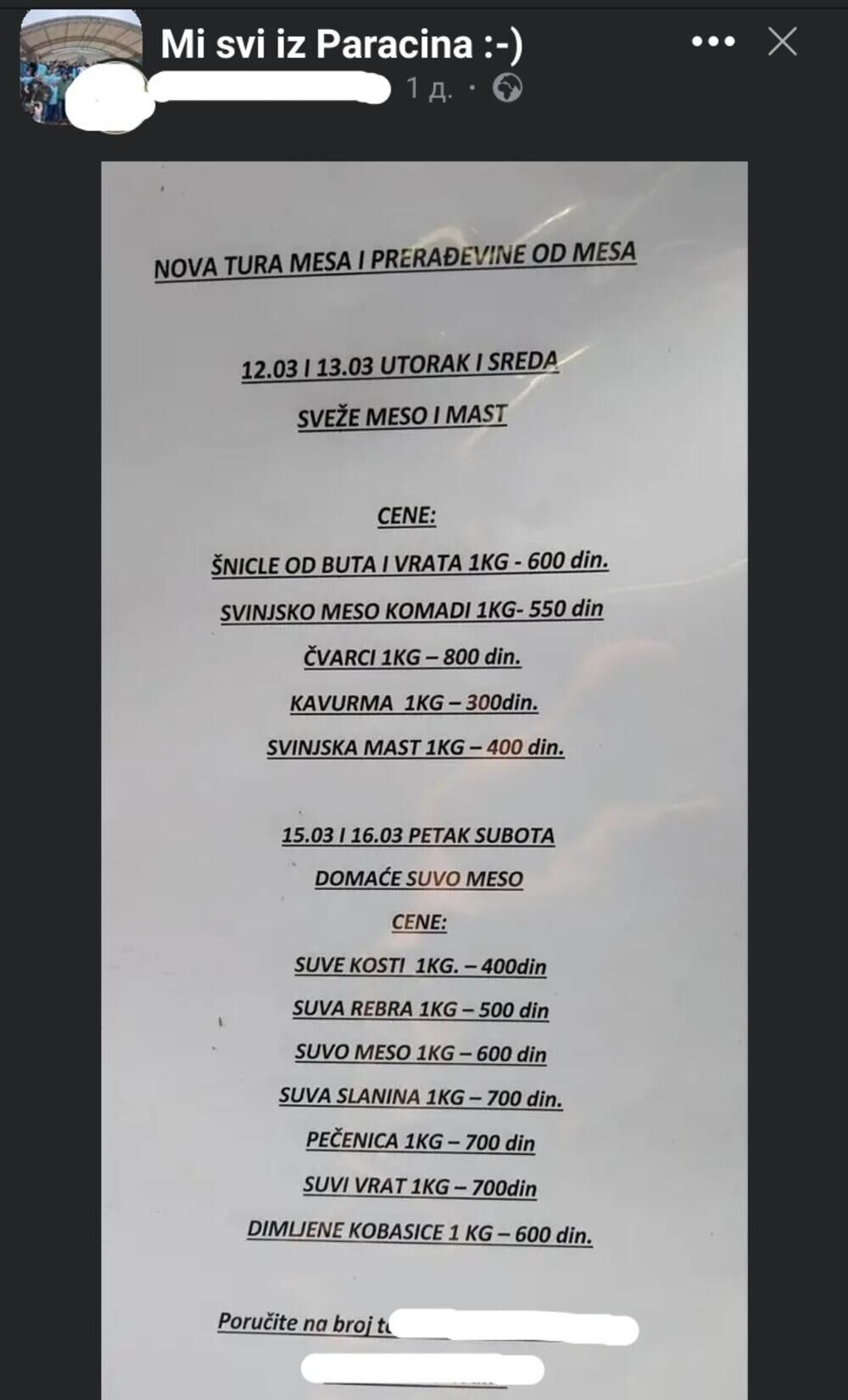 Cene mesa u Paraćinu