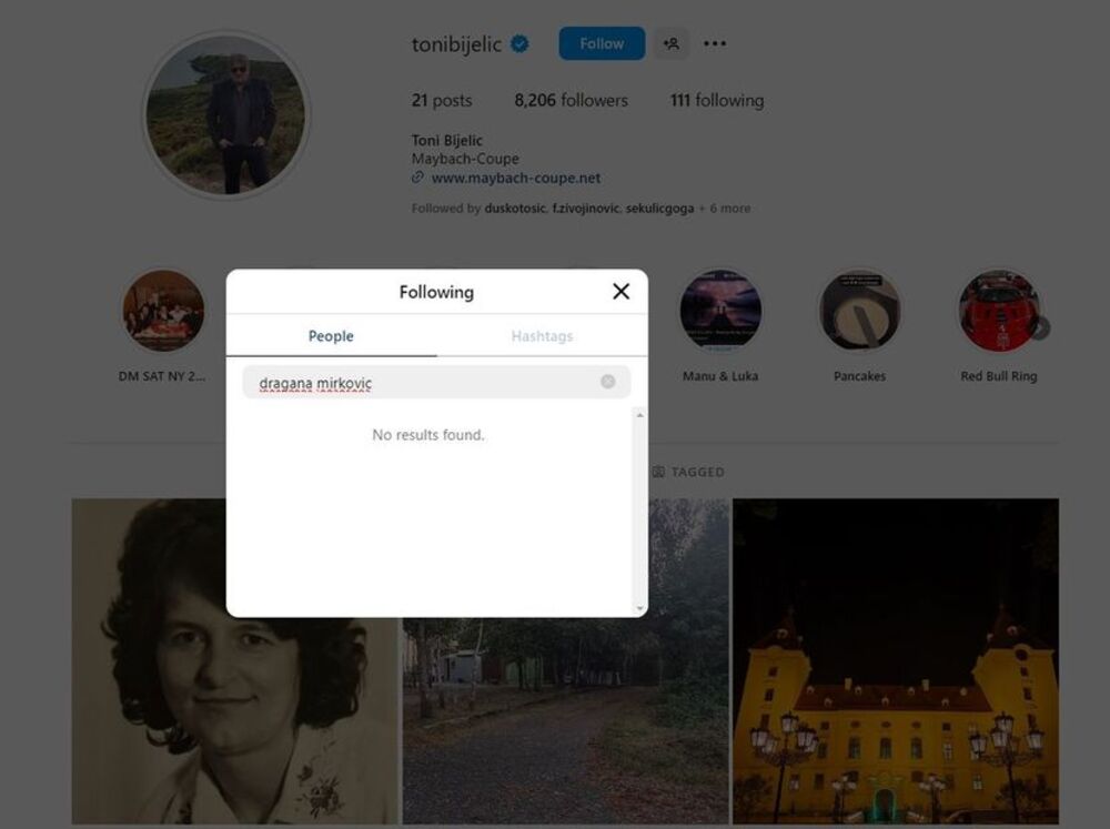 Toni Bijelić ne prati Draganu Mirković na Instagramu