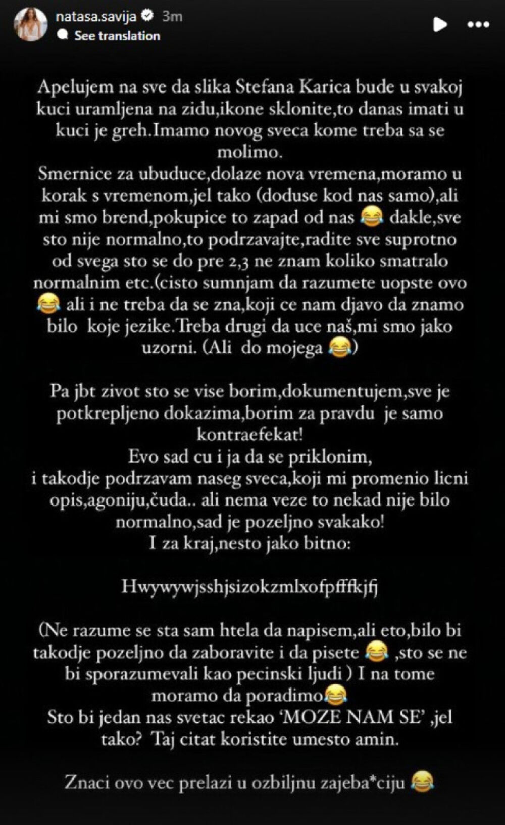 Objava Nataše Šavije na Instagramu