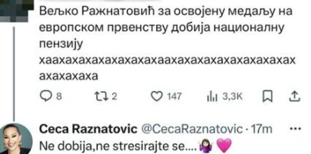 Komentar Cece Ražnatović o navodima da Veljko dobija naciolanu penziju