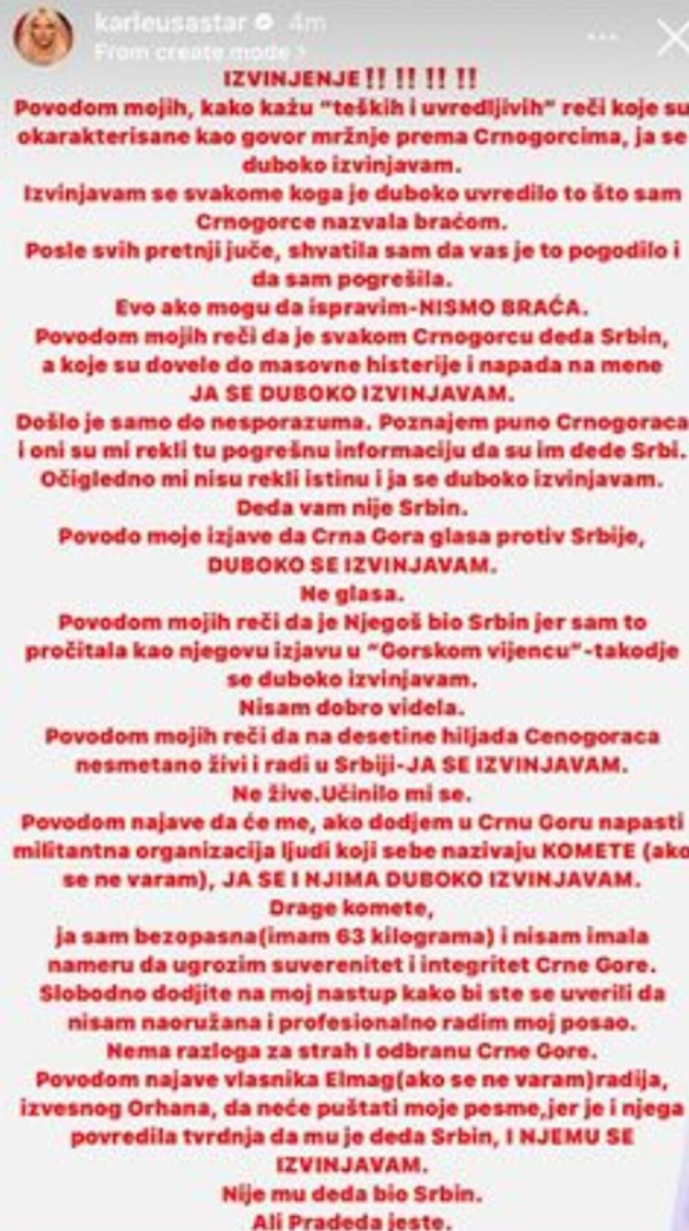 Objava Jelene Karleuše