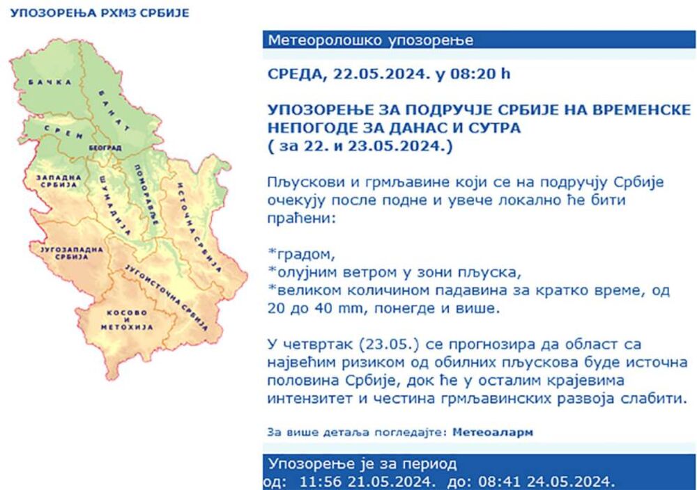 Meteorološko upozorenje za sredu, 22. maj