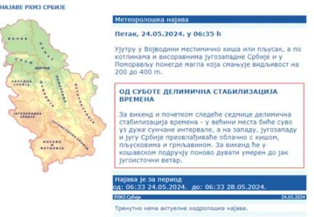 Meteorološka najava za petak, 25. maj