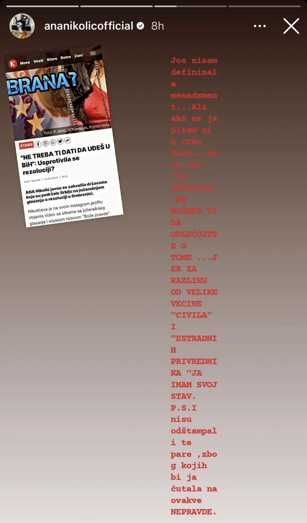 Ana Nikolić ne želi da peva u Crnoj Gori i Bosni