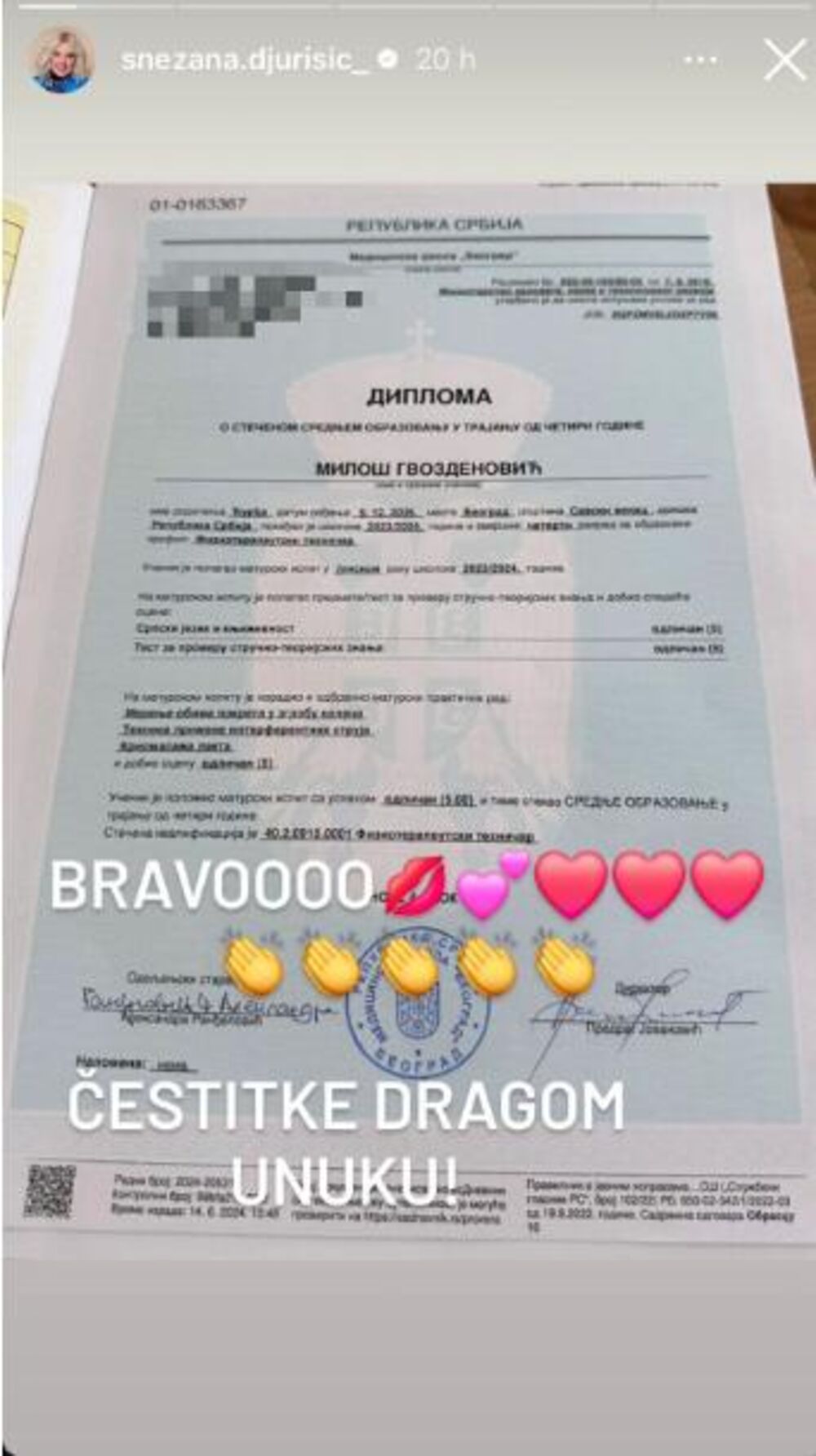 Snežana Đurišić čestitala unuku na uspehu