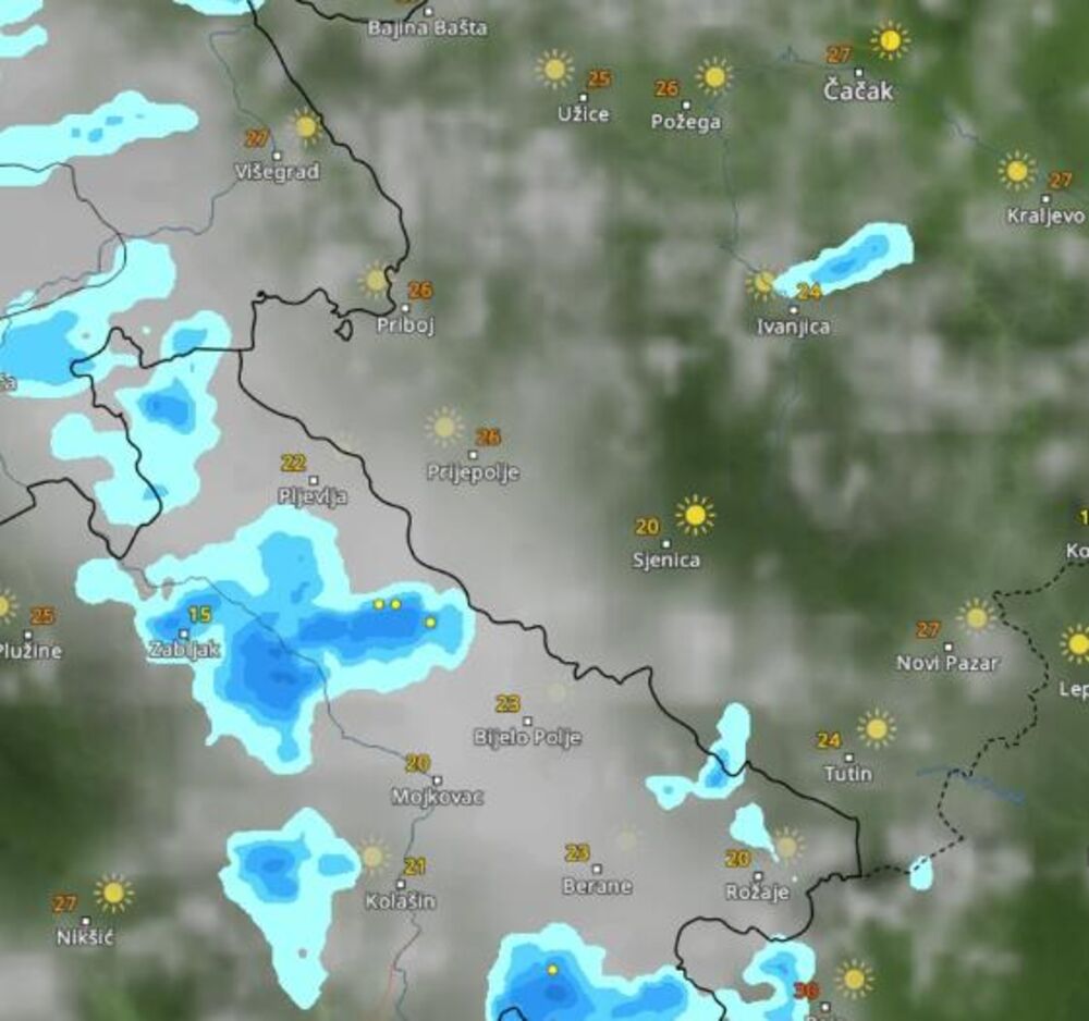 Kretanje pljuskova u 15 časova
