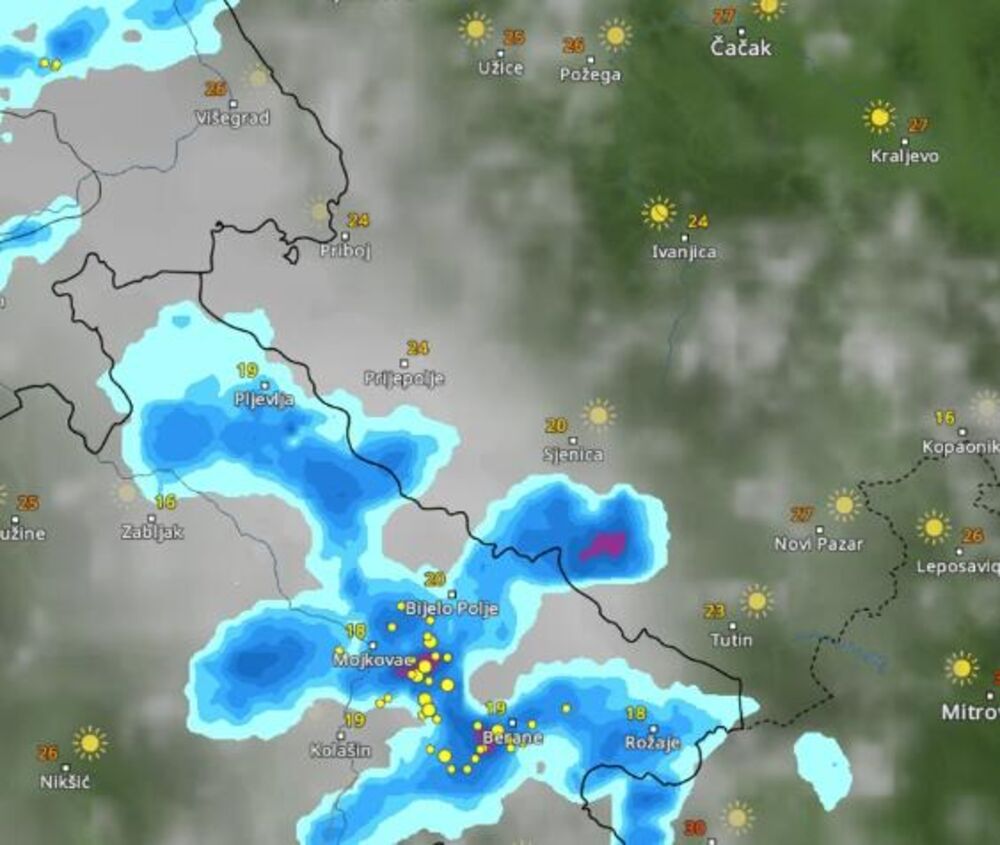 Kretanje pljuskova u 16 časova