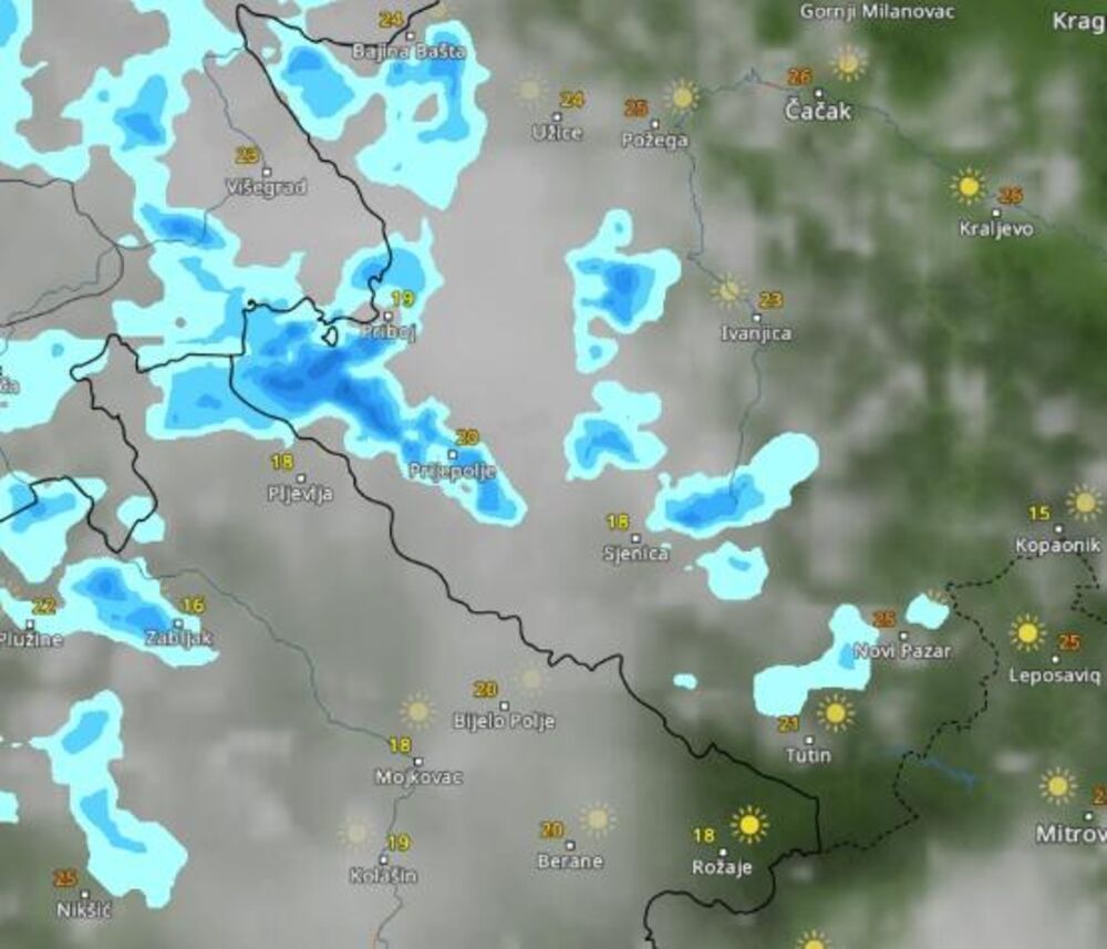 Kretanje pljuskova u 18 časova