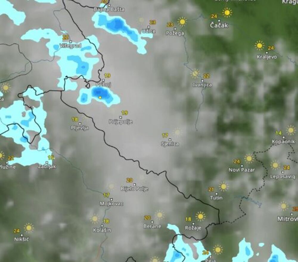 Kretanje pljuskova u 19 časova