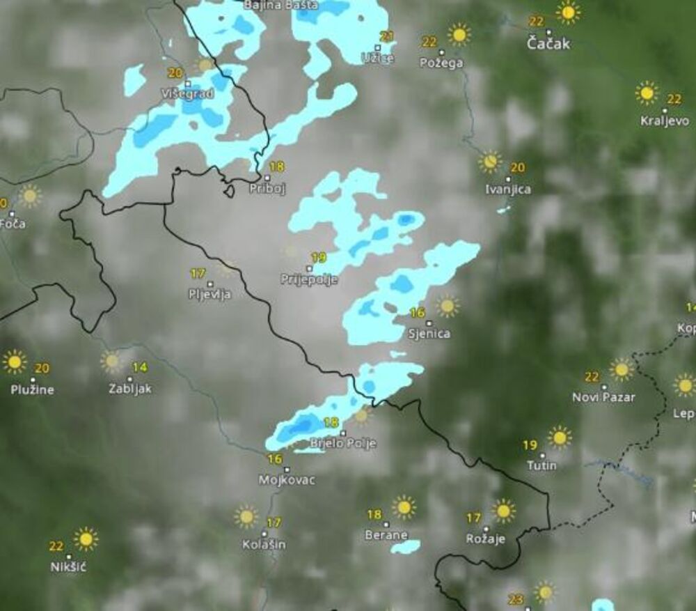 Kretanje pljuskova u 20 časova