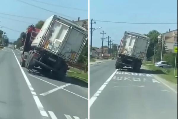 Šokantna scena kod Šapca: Kamion "lebdi" na točkovima, svakog trenutka može da se prevrne, ovo nema nigde! (VIDEO)