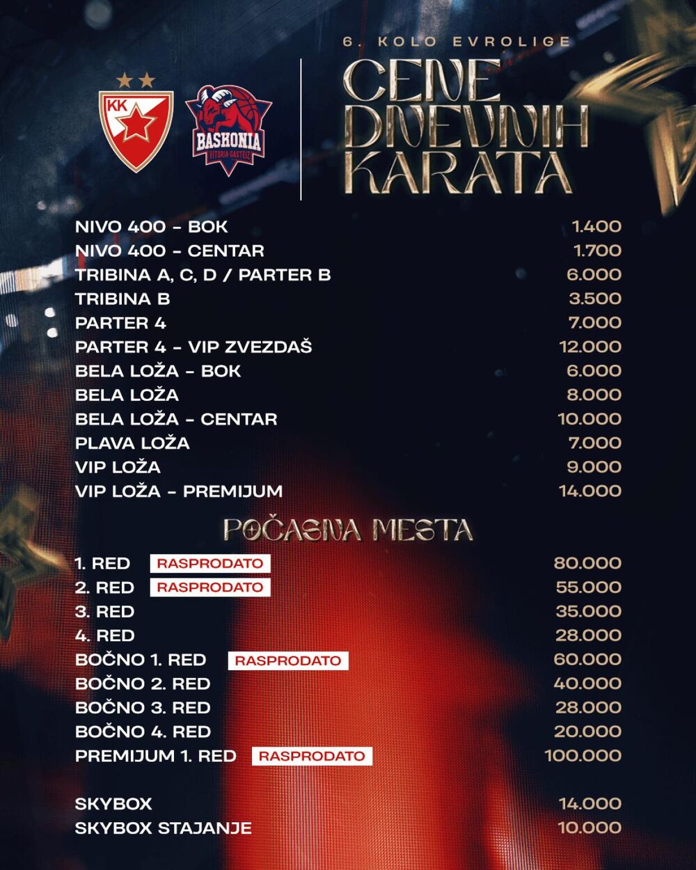 Cene karata za utakmicu Crvene zvezde i Baskonije