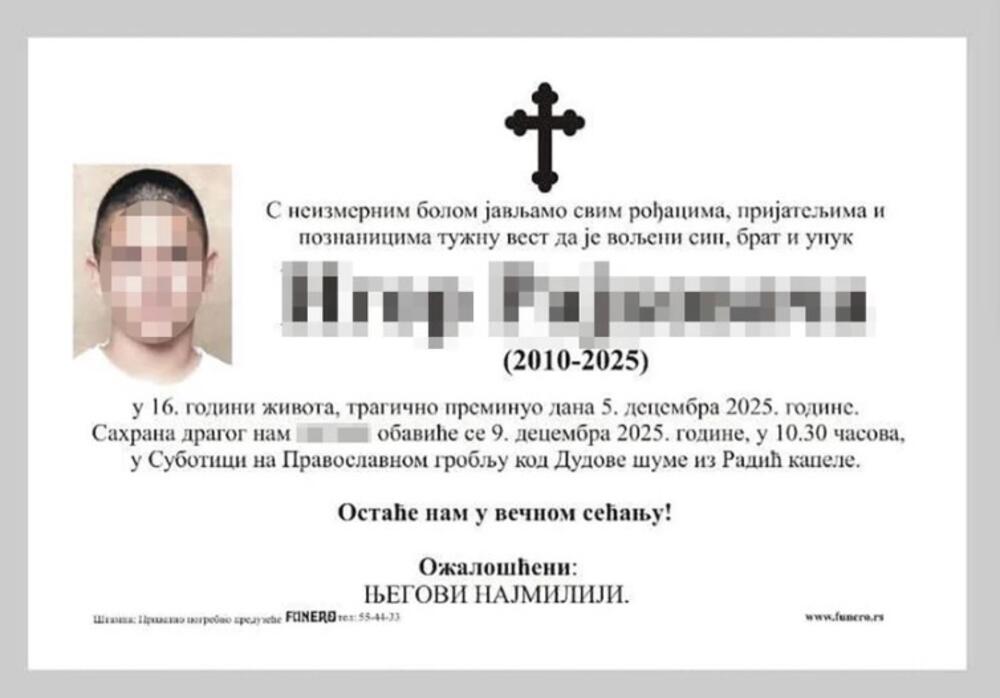 OVO JE TINEJDŽER (15) IZ SUBOTICE! Poznat datum SAHRANE - majka ga pronašla MRTVOG U GARAŽI, sumnja se na...