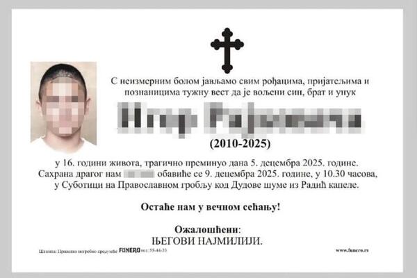 OVO JE TINEJDŽER (15) IZ SUBOTICE! Poznat datum SAHRANE - majka ga pronašla MRTVOG U GARAŽI, sumnja se na...